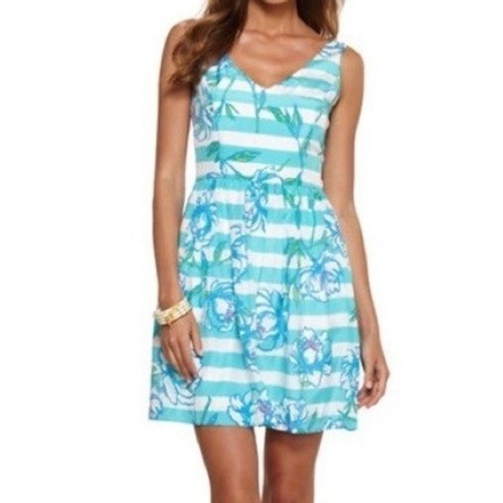 Lilly Pulitzer Roswell Dress Tossing the Line Shorely Blue Stripe Silk 00 Resort